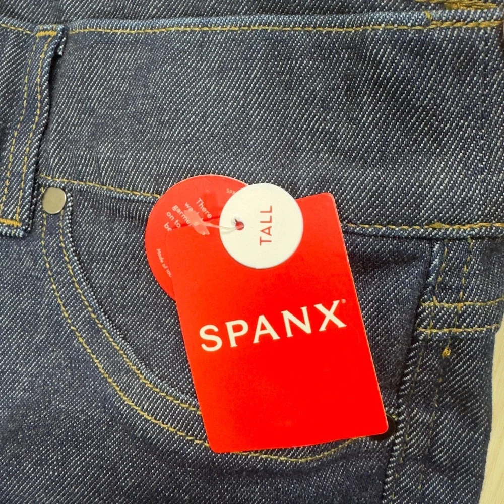 Spanx Cropped Kick Flare Jeans Womens Large Tall Raw Indigo Wash Pull On 20699T